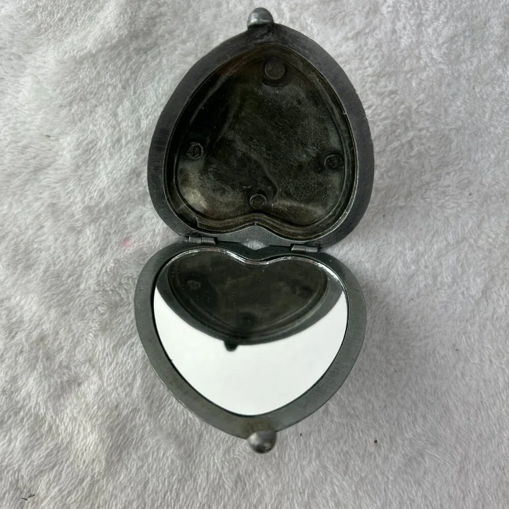 Compact Heart shaped Mirror box Antique Silver Tone Metal